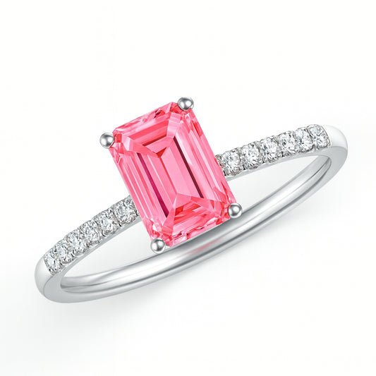 Lab Grown Emerald Cut Fancy Intense Pink Diamond Engagement Ring