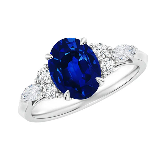 Lab Grown Oval Blue Sapphire Engagement Ring with Diamonds