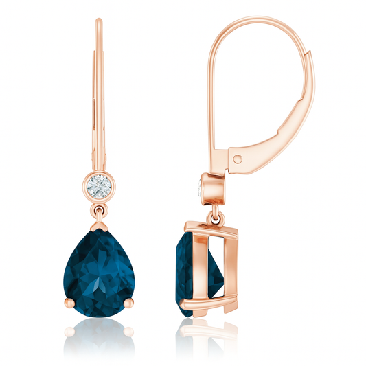 Pear-Shape London Blue Topaz Lever back Drop/Dangle Earrings with Diamond