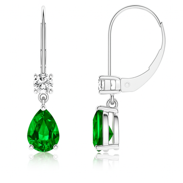 Pear Emerald Lever back Drop / Dangle Earrings with Diamond
