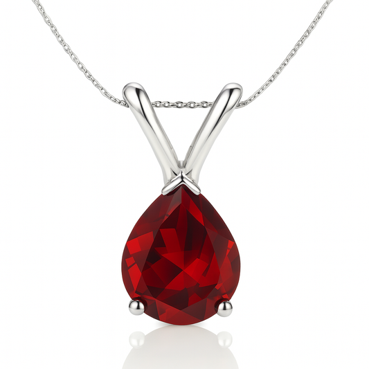 18K Gold Pear-Shaped Red Garnet Solitaire Pendant Necklace