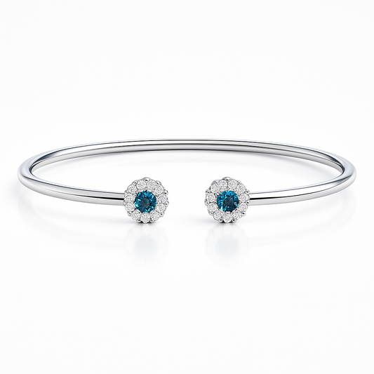 Enhanced Blue and White Diamond Open Flex Floral Bangle