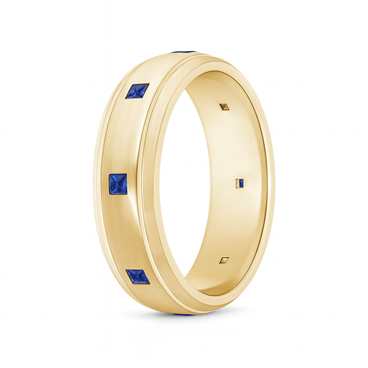Square Sapphire Low Dome Comfort Fit Wedding Ring for Him Solid Gold Metal