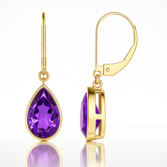 Pear Amethyst Lever back Drop / Dangle Earrings with Diamond