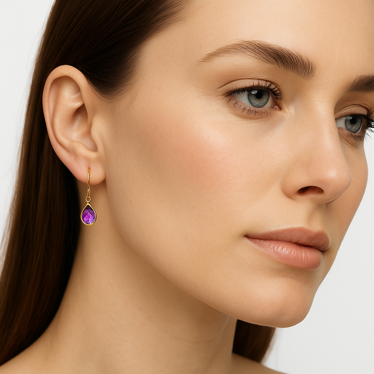 Pear Amethyst Lever back Drop / Dangle Earrings with Diamond