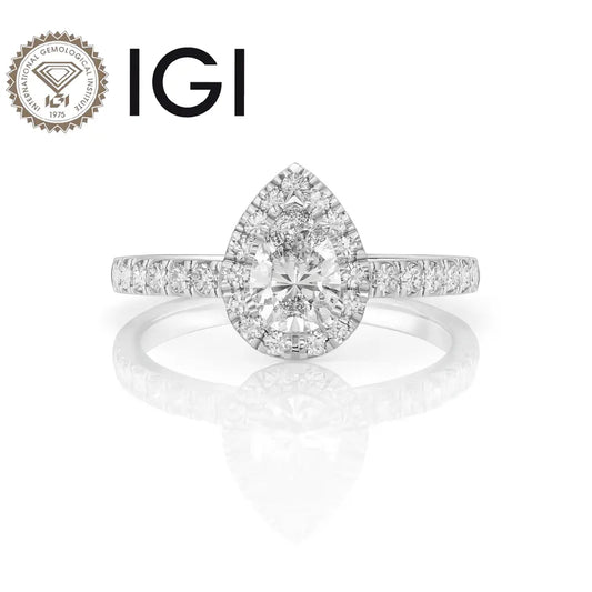 1ct Lab Grown Pear Diamond Ring, Halo Setting, IGI Certified